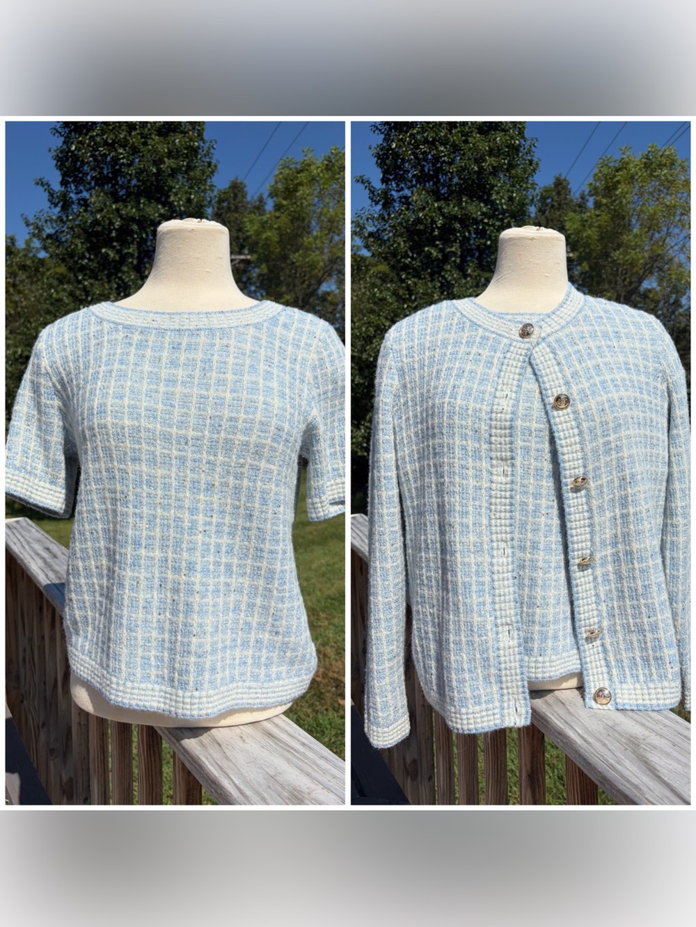 TALBOTS $129 Soft Wool Sequin Check Cardigan Sweater Top Size Medium Petite 2 Pc